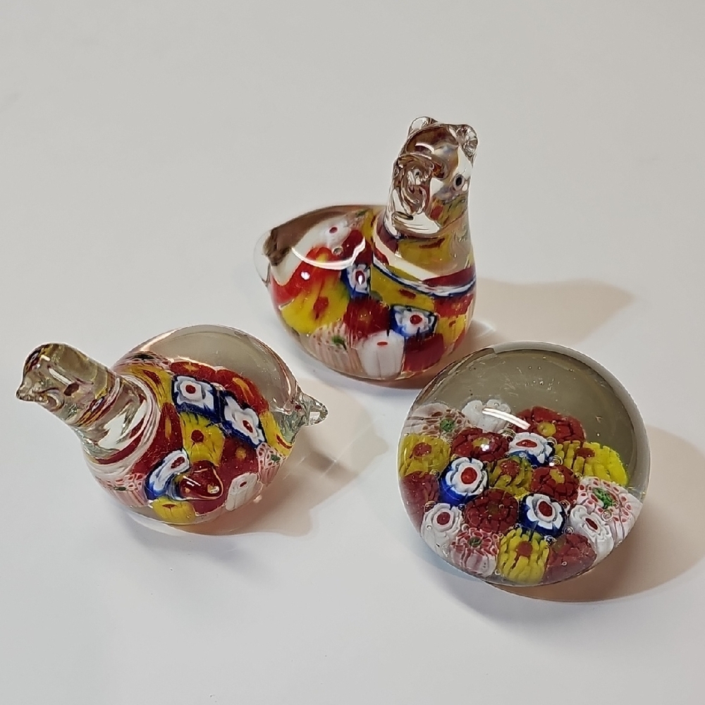 S/3 Vintage Millefiori Multicolor Glass Paperweights, Turtle / Horse / Dome
